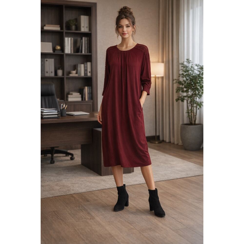 Garnet Hill Burgundy Lace Sleeve Dress Medium NWT Pleated Office Career Pockets